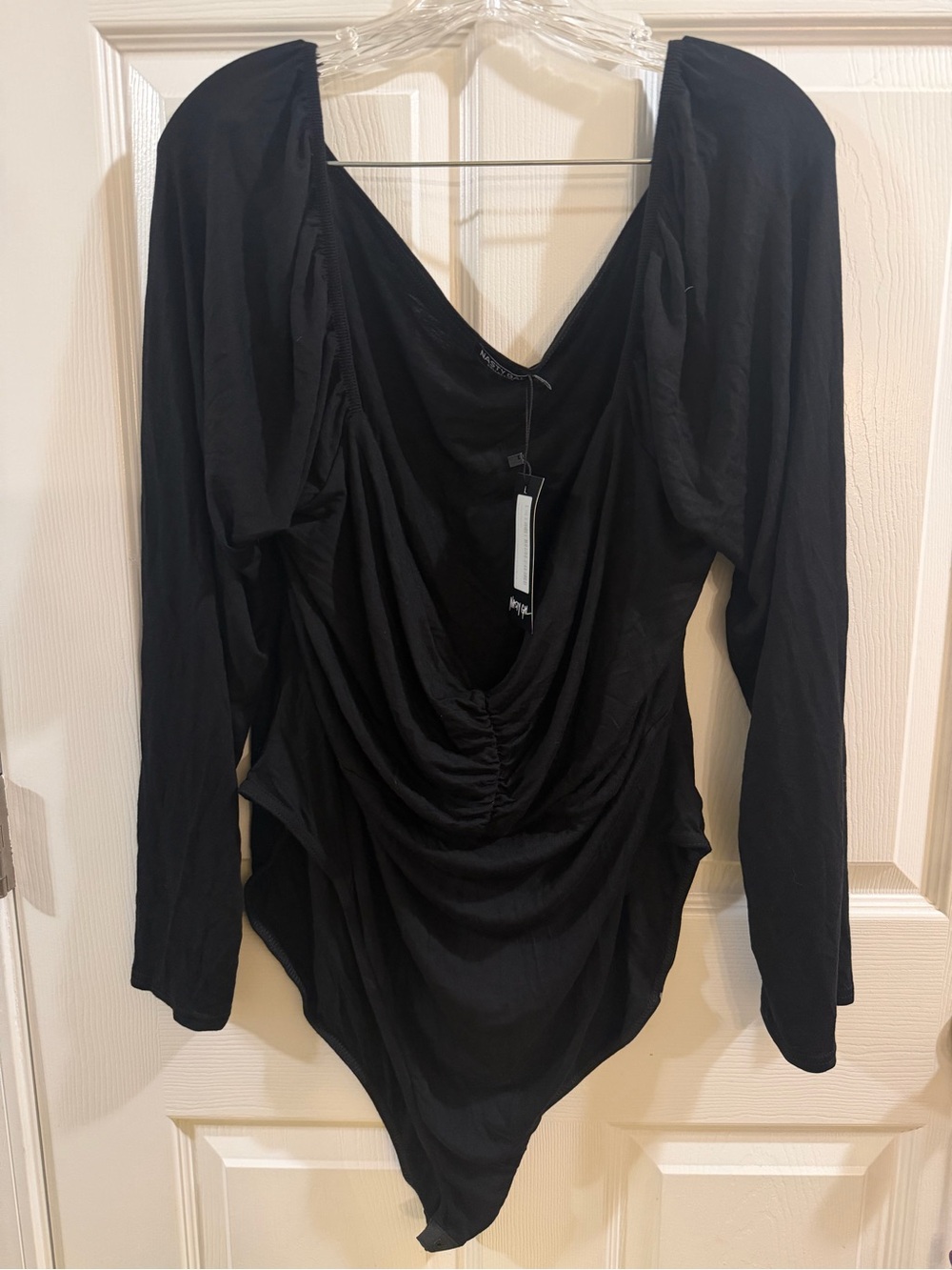 Nasty Gal Black Draped Long-Sleeve Ruched Bodysuit